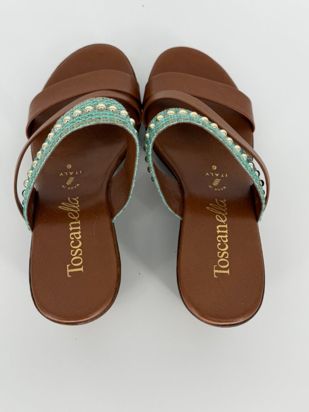 Toscanella Italian Leather Wedge Sandals - Teal Beaded Detail - Size 6 - Picture 5 of 6